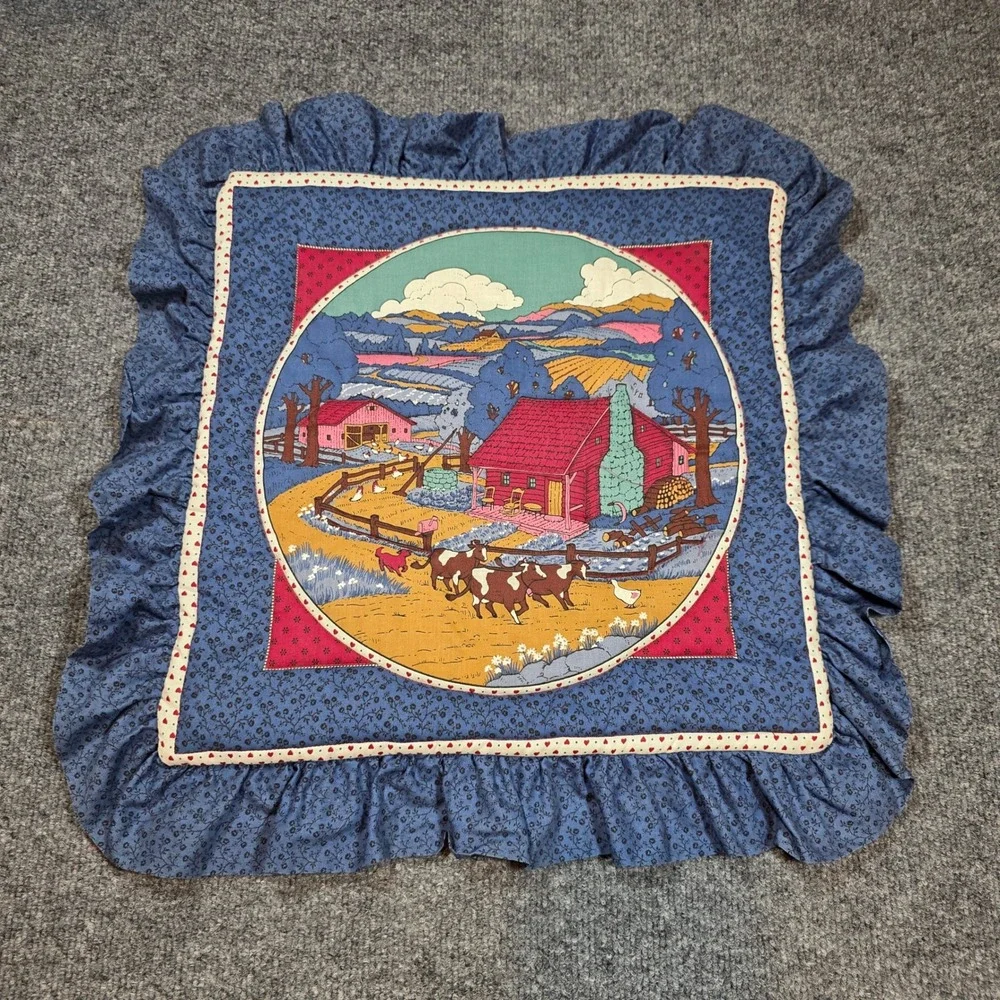 Vintage Quilted Farm Scene Pillow Sham Blue Floral Ruffle Folk Art Country